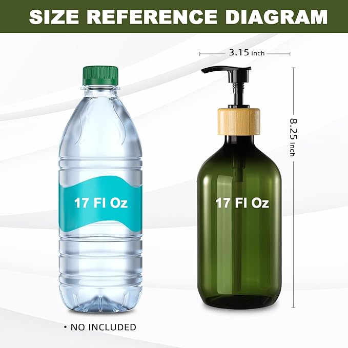 KASUNTING Green Soap Dispenser, Plastic Bathroom Soap and Lotion Dispenser Set with Bamboo Pump, 2 Pack 17 Fl Oz Hand and Dish Soap Dispensers Set for Bathroom, Refillable Liquid Soap Bottles - Image 2