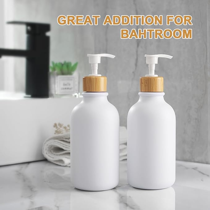 KASUNTING White Soap Dispenser, 2 Pack Plastic Bathroom Hand Soap and Lotion Dispenser Set with Bamboo Pump, 17 Fl Oz Hand and Dish Soap Dispensers Set for Kitchen, Refillable Liquid Soap Bottles - Image 8