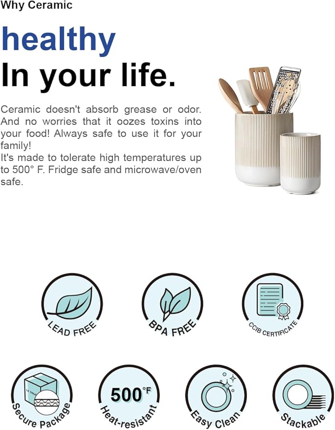 LE TAUCI Utensil Holder for Kitchen Counter, 7.3"+5.4" Fluted Ceramic Utensil Crock Organizer for Countertop, Heavy Large Holder for Spatulas, Spoons, Set of 2, Warm White Glaze - Image 7