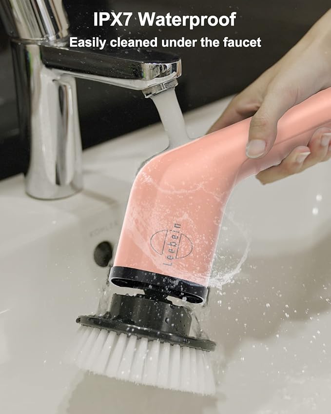 Leebein Electric Spin Scrubber, Cordless Powerful Scrub Brush for Cleaning Bathroom, Kitchen, Shower Tub and Floor Tile with Adjustable Extension Long Handle and 8 Replaceable Brush Heads(Rose) - Image 7