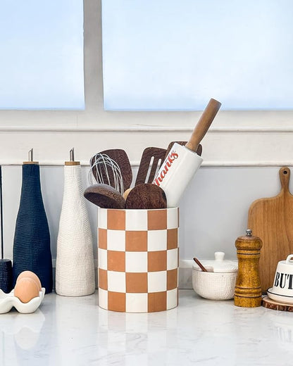 Utensil Holder，7.2 Inch Checkered Utensil Holder, Ceramic Cooking Utensil Spoon/Spatula Holder for Countertop, Kitchen Decor and Accessories for counte(Brown) - Image 3