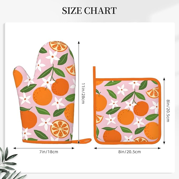Tropical Fruit Oranges Silicone Oven Mitts Pan Mats Set of 2, Heat Resistant Gloves Potholder with Non-Slip Grips Hanging Loops Pot Holder, Spring Summer for Chef Cooking, Baking, Grilling, BBQ
