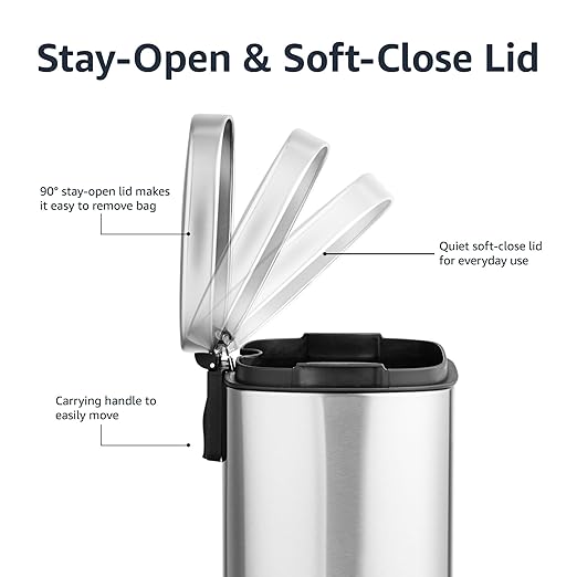 Amazon Basics Smudge Resistant Mini Rectangular Trash Can with Soft-Close Lid, Foot Pedal, Removable Inner Bucket, 5L/1.32 Gal, Brushed Stainless Steel, for Bathroom & Small Space, Satin Nickel Finish - Image 6