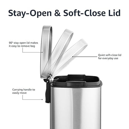 Amazon Basics Smudge Resistant Mini Rectangular Trash Can with Soft-Close Lid, Foot Pedal, Removable Inner Bucket, 5L/1.32 Gal, Brushed Stainless Steel, for Bathroom & Small Space, Satin Nickel Finish - Image 6