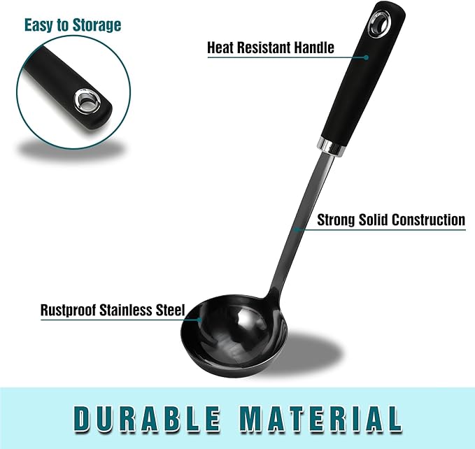 12 Inch Soup Ladle, Black Stainless Steel Ladle Spoon with Comfortable Handle, Long Handle Soup Serving Spoon for Cooking, Stews, Sauce, Gravy, Broth, Kitchen Utensil, Black