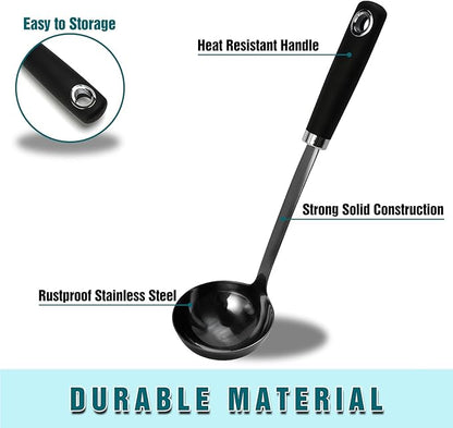 12 Inch Soup Ladle, Black Stainless Steel Ladle Spoon with Comfortable Handle, Long Handle Soup Serving Spoon for Cooking, Stews, Sauce, Gravy, Broth, Kitchen Utensil, Black