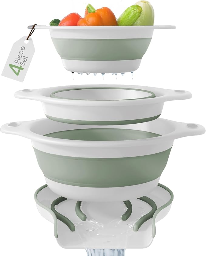 Gevoli Collapsible Colanders (3 Pack Set) Food Strainers with Over-Sink Water Draining Base for Pasta Fruits and Vegetables, White/Sage (3 Sizes, 3QT, 4QT and 5 Quart) - Image 8