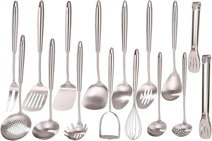 18/10 Stainless Steel Cooking Utensils Set - 16 PCS All Metal Serving Utensils, Kitchen Tools - Whisk, Masher, Fork, Tongs, Solid/Slotted Spoon, Spatula, Turner, Ladle, Skimmer, Pasta, Large Spoon Set by Standcn