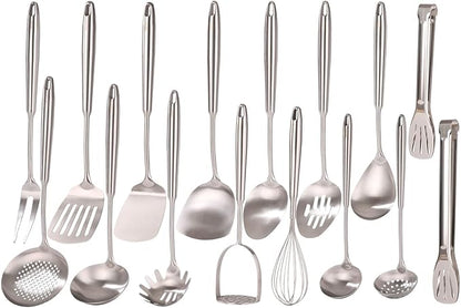18/10 Stainless Steel Cooking Utensils Set - 16 PCS All Metal Serving Utensils, Kitchen Tools - Whisk, Masher, Fork, Tongs, Solid/Slotted Spoon, Spatula, Turner, Ladle, Skimmer, Pasta, Large Spoon Set by Standcn
