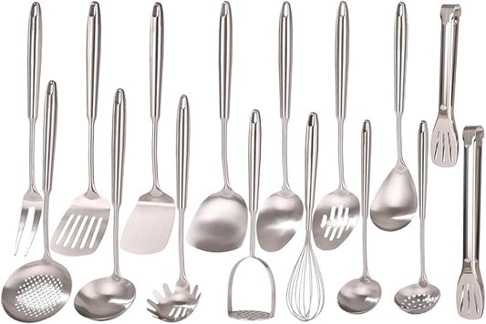 18/10 Stainless Steel Cooking Utensils Set - 16 PCS All Metal Serving Utensils, Kitchen Tools - Whisk, Masher, Fork, Tongs, Solid/Slotted Spoon, Spatula, Turner, Ladle, Skimmer, Pasta, Large Spoon Set by Standcn