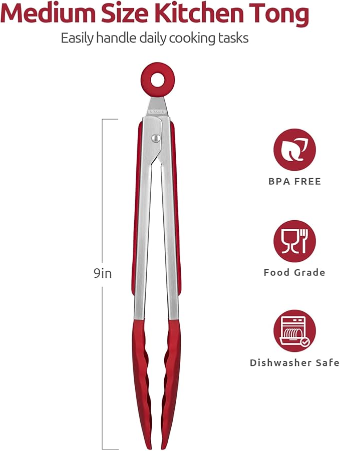 600ºF Heat Resistant Kitchen Tongs: U-Taste 9 inch Silicone Cooking Tong with Firm Sealed Non Stick Rubber Tips & Silicon Coated 18/8 Stainless Steel Handle & Smooth Locking for Serving Salad (Red) - Image 2