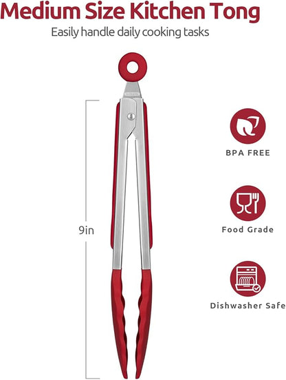 600ºF Heat Resistant Kitchen Tongs: U-Taste 9 inch Silicone Cooking Tong with Firm Sealed Non Stick Rubber Tips & Silicon Coated 18/8 Stainless Steel Handle & Smooth Locking for Serving Salad (Red) - Image 2
