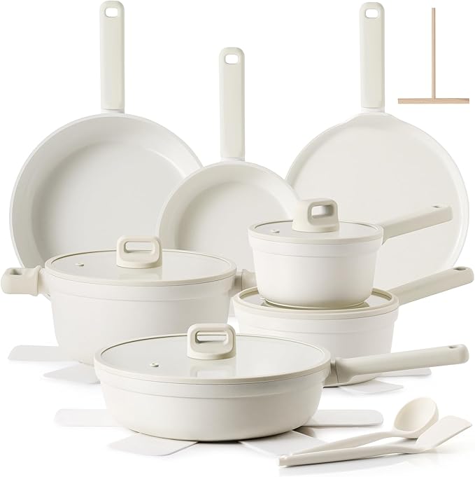 SENSARTE 20Pcs Pots and Pans Set Nonstick, Ceramic Cookware Set Non Stick, Non-toxic Healthy Kitchen Cooking Set, Induction Compatible, Dishwasher Safe, PFAS/PTFE/PFOA Free, WHITE