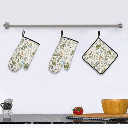 Vintage Floral Oven Mitts and Pot Holders Sets of 3 Cute Botanic Hot Pads Herbs and Wild Flowers Oven Gloves Heat Resistant Washable for Kitchen Cooking Grilling Baking - Image 6