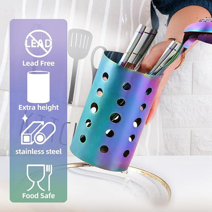 QRU Kitchen Utensil Holder for Countertop (H6.7” x W4.1”), Stainless Steel Cooking Utensil Caddy for Tools, Spatulas, Spoons, Silverware & More, Cooking Utensil Organizer, Kitchen Decor (Silver)