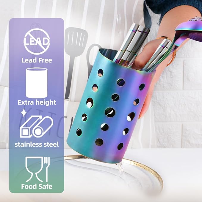 QRU Kitchen Utensil Holder for Countertop (H6.7” x W4.1”), Stainless Steel Cooking Utensil Caddy for Tools, Spatulas, Spoons, Silverware & More, Cooking Utensil Organizer, Kitchen Decor (Rainbow)