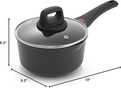 1.3 Quart Sauce Pan with Glass Lid - 6.2 Inch, Non-Stick Ceramic Coating, Induction Compatible, Even Heating - Easy Clean, Non-Toxic, Soft Cool Handle by Cainfy