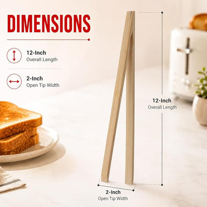 HIC Toast Tongs, Natural Bamboo, 12-Inches, Set of 2