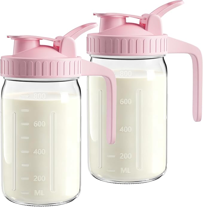 2-Pack 32oz Breast Milk Pitcher – Airtight, Leak-Proof Lids, Easy Pour Spout Glass Milk Storage Container for Milk, Breastmilk, Formula & Beverages, Wide Mouth by VA1KENE