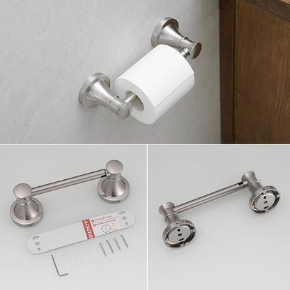 RUMOSE Toilet Paper Holder and Hand Towel Ring Brushed Nickel Wall Mount Bathroom Hardware Accessories 2 PCS Set Flexible Pivoting Toilet Tissue Roll Holder and Towel Hanger, Stainless Steel