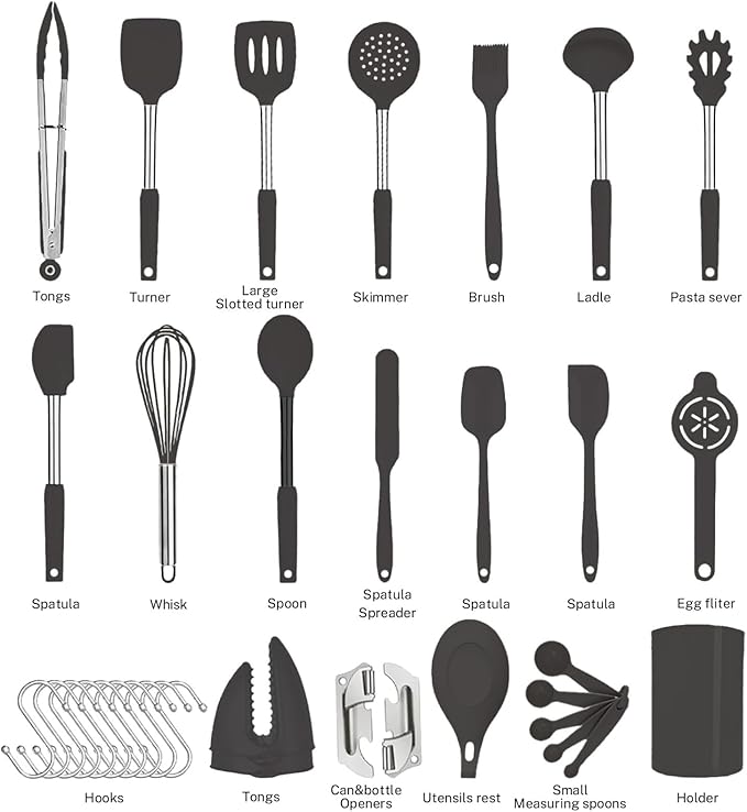 Silicone Kitchen Cooking Utensils Set with Stainless Steel Handle, Spatula Set Utensil Set, Cooking Utensil Set,Kitchen Tools Gadgets for Nonstick Cookware (35, Black) - Image 4