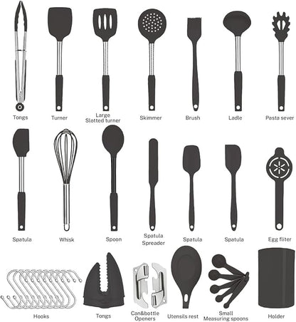 Silicone Kitchen Cooking Utensils Set with Stainless Steel Handle, Spatula Set Utensil Set, Cooking Utensil Set,Kitchen Tools Gadgets for Nonstick Cookware (35, Black) - Image 4