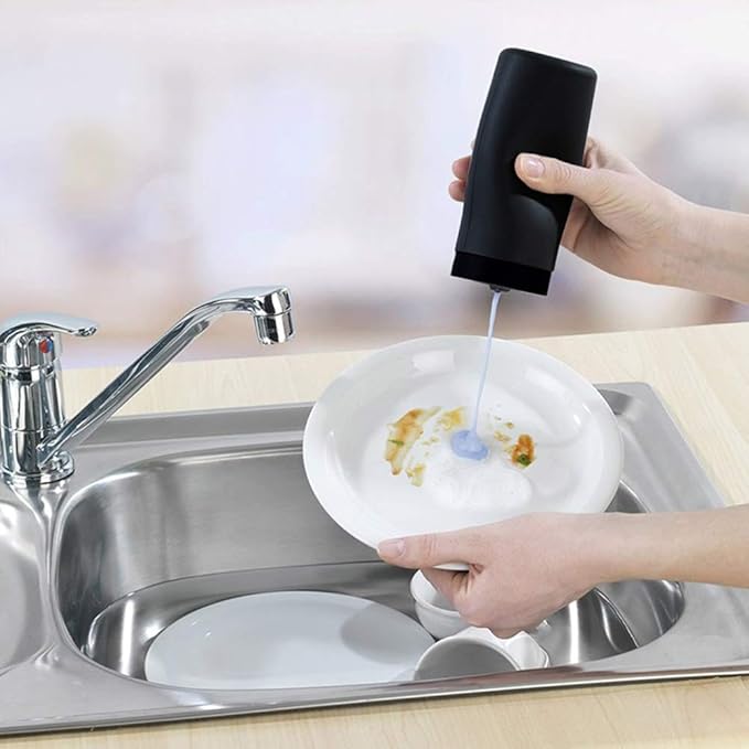 RefillableDish Washing Liquid Dispenser, Silicone Divided Bottle Easy Squeeze Soap Dispenser Hand Soap Bottle Essential Oil Lotion Shampoo, Conditioner, Dishwashing Liquid Dispensing Bottle Black
