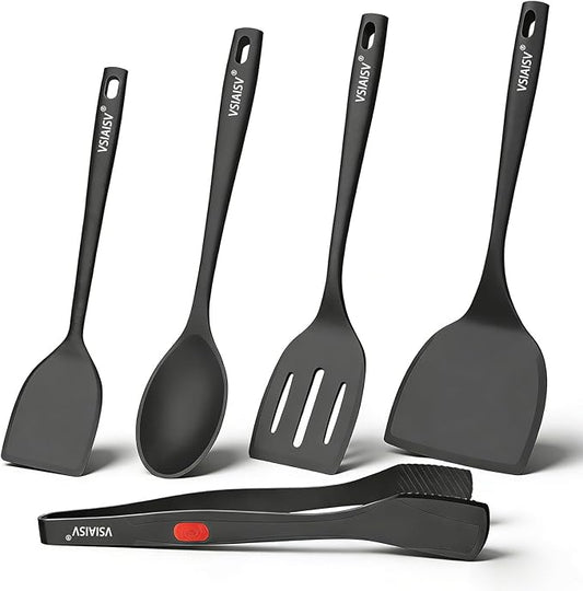 Silicone Spatula Turner, 600°F Heat Resistant Spatulas for Cooking, BPA Free, Flexible Rubber Kitchen Utensils Set Flipper for Eggs, Pancakes, Fish, Burgers, Dishwasher Safe (5 Pack, Black) by Unknown