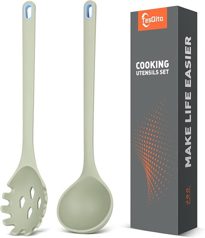 Silicone Spaghetti Spoon&Soup Ladle Cooking Utensils Set of 2,No Scratch for Nonstick Cookware,BPA Free, 450℉ Heat Resistant (Green) by TesQita