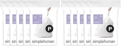 simplehuman Code P,Dispenser Pack Custom Fit Liners,Drawstring Trash Bags,50-60 Liter / 13-16 Gallon,White,100 Count (Pack of 2)