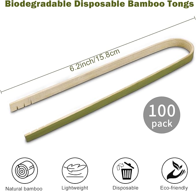 Mini Bamboo Tongs Disposable 100 Pcs 6.2 Inch Long Wooden Tongs for Charcuterie Large Cooking Utensils for Toaster Serving Food Natural Green for Catering Buffet Home - Image 4