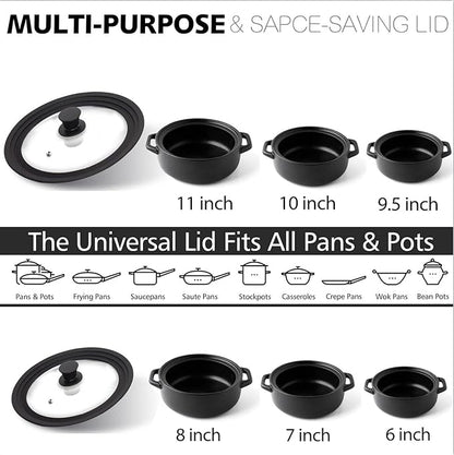 Anaeat Silicone Universal Lid for Pots, Pans and Skillets - Tempered Glass Covered with Heat Resistant Silicone Rim Fits All 6" to 11" Diameter Cookware -Easy to Use Replacement Frying Pan Cover