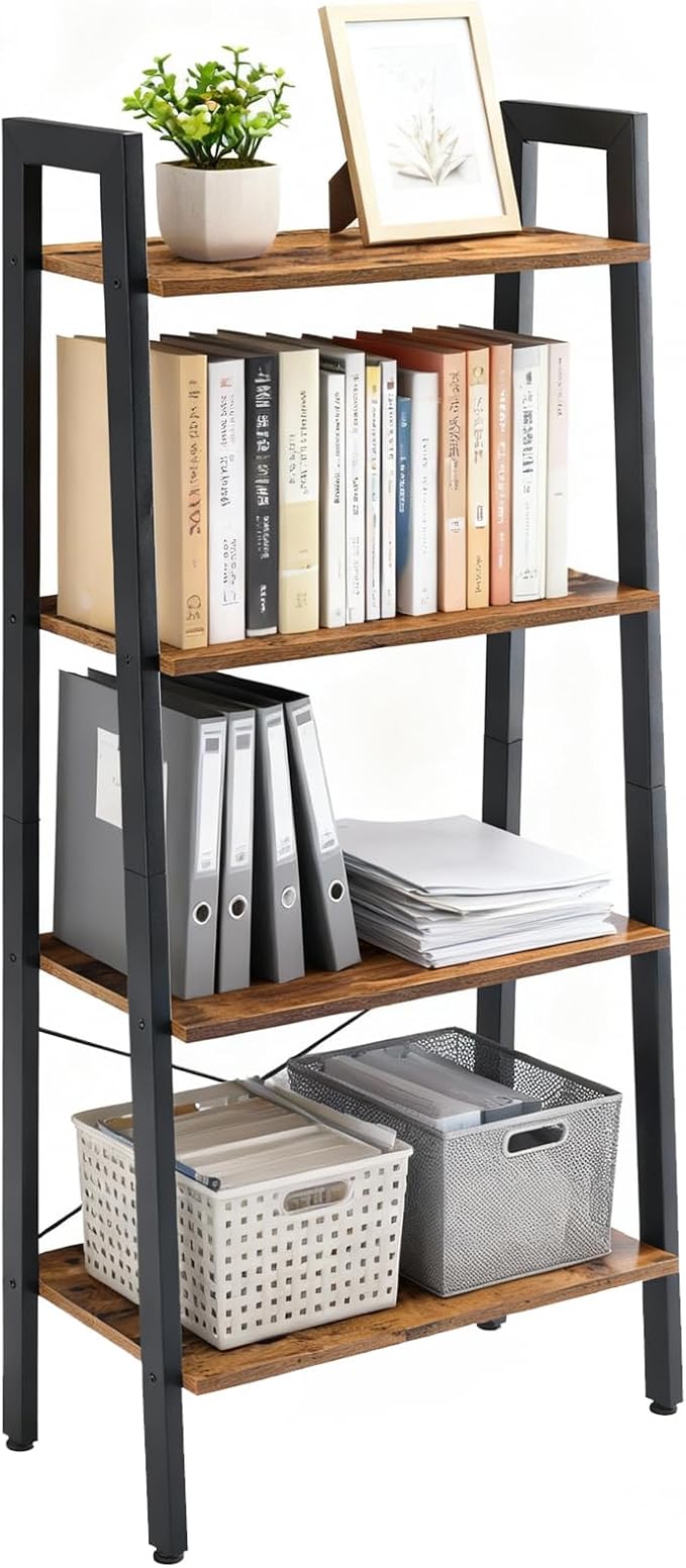 DUMOS Ladder Shelf, 4-Tier Display Bookshelf, Industrial Style Storage Standing Shelf, Decorative Shelves with Stable Frame for Living Room, Bedroom, Office, Kitchen, Bathroom, Brown by DumosLifestyle