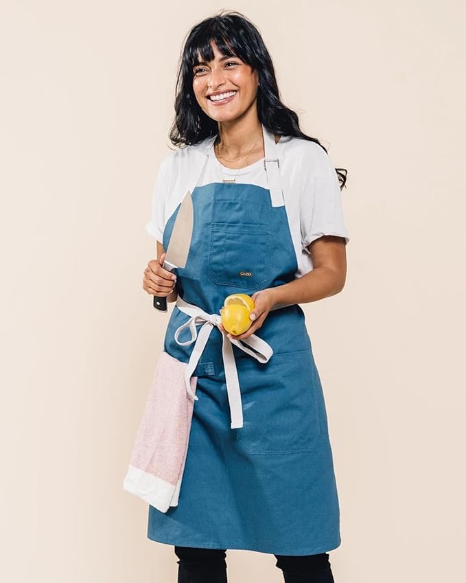 Caldo Daily Cotton Kitchen Apron for Cooking - Mens and Womens Professional Chef or Server Bib Apron - Adjustable Straps with Pockets and Towel Loop (Vintage Blue) - Image 3