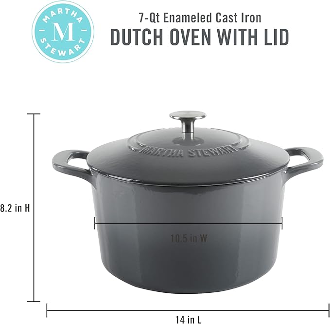 MARTHA STEWART Gatwick 7-Quart Enamel Cast Iron Dutch Oven – Classic Grey – Durable Heavy-Duty Dutch Oven for Slow Cooking, Braising & Baking - Image 2