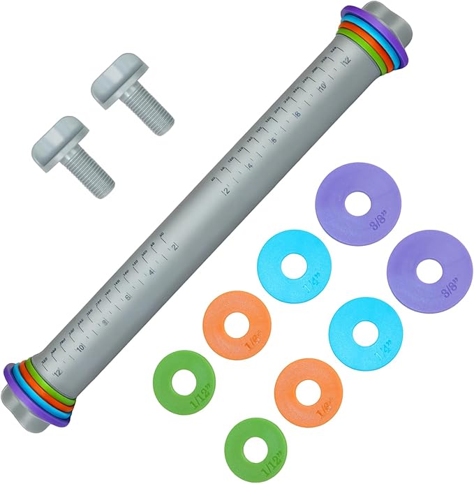 Adjustable Rolling Pin with Thickness Rings, 12.8" Silicone Non Stick Dough Roller for Pizza, Pastry, Fondant, Pie Crust, Baking Tool with Stainless Steel Core, Easy Clean