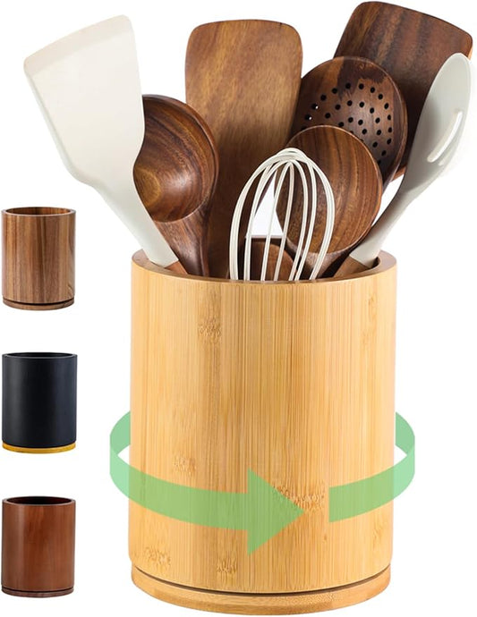Wooden Utensil Holder, 360°Rotating 7.3'' Large Utensil Holder for Kitchen Counter, Kitchen Utensil Organizer, Utensil Crock, Farmhouse Kitchens Countertop Decor, Bamboo Wood by Unknown