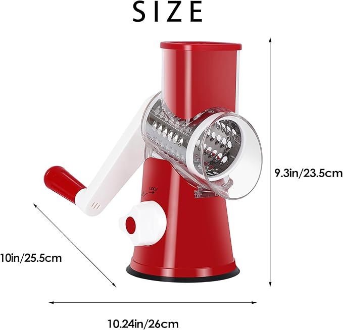 Ourokhome Rotary Cheese Grater Hand Crank, Kitchen Shredder Speed Mandolin Slicer Nut Grinder with Handle and Drum Blades for Cheese, Vegetable, Walnut, Chocolate, Potato, Carrot, 3 Blades, Red - Image 8