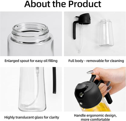 Aovdy 16oz/470ml Glass Olive Oil Sprayer for Cooking - 2 in 1 Olive Oil Dispenser Bottle Spray and Pour for Kitchen Gadgets Cooking Air Fryer Salad BBQ (Black)