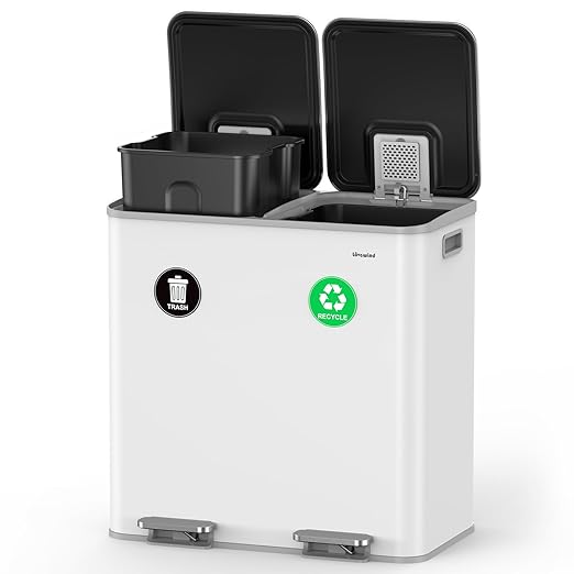 Lovewind 2×11.5 Gallon Dual Trash Can, Stainless Steel Dual Garbage and Recycling Can with Foot Pedal, 90° Stay-Open Lid, Pet-Proof Design – Large Dual Compartment Trash Recycling Bins Kitchen, White