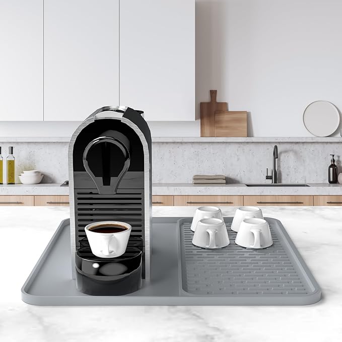 Silicone Coffee Mat,16'' x 16'' Coffee Bar Mat with Detachable Dish Drying Mat for Kitchen Countertops,Coffee Bar Accessories Fit Under Coffee Maker Coffee Machine Espresso Machine Dish Rack - Image 2
