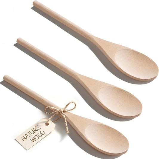 Cooking Wooden Spoons, MORGLES 10-Inch Serving Spoons for Stirring Mixing Serving Long Handle Plastic Free Reusable Non Scratch Dishwasher Safe, 3PCS