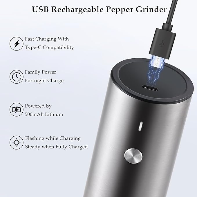 Electric Salt and Pepper Grinder Set, USB Rechargeable, Stainless Steel Automatic Salt and Pepper Mill Grinder with Adjustable Coarseness, Electric Salt Shakers, LED Light, Refillable (2 Packs) - Image 4