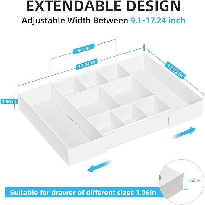 Marbrasse Expandable Desk Drawer Organizer, Clear Plastic Drawer Organizer Tray with 10 Adjustable Compartments, Desk Organizers and Accessories, 5 Drawer Dividers for Office Supplies, Makeup(White) - Image 2