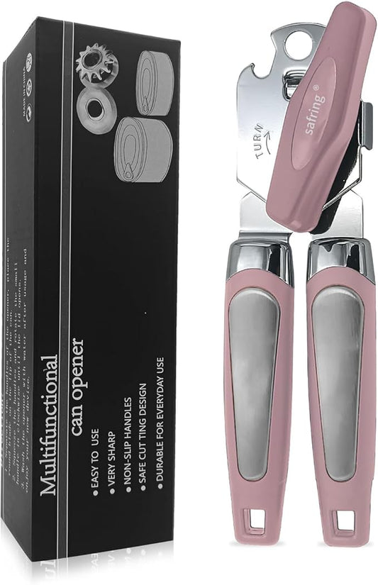 Safring Can Opener Manual, Handheld Strong Heavy Duty Stainless Steel Can Opener, Comfortable Handle, Sharp Blade Smooth Edge, Can Openers with Multifunctional Bottle Opener, Pink by Safring