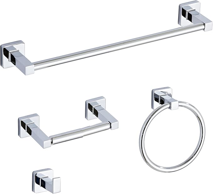 Chrome Bathroom Hardware Set 4 Pieces,Towel Bar Set Stainless Steel Wall Mounted, Includes 16In Hand Towel Bar, Towel Ring, Robe Towel Hooks,Toilet Paper Holder, Bathroom Towel Rack Set by bluebyrne