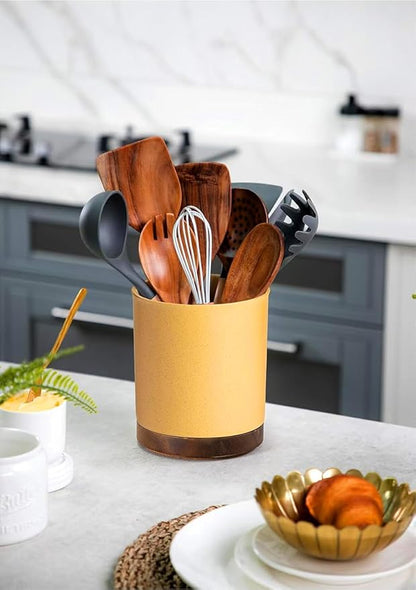 Nucookery 360°Rotating Utensil Holder, 7.2" Large Utensil Crock, White Ceramic Cooking Utensil Organizer,Farmhouse Kitchen Decor Christmas Thanksgiving Gift (Yellow Sand) - Image 6