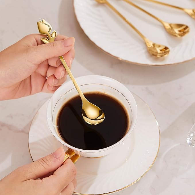 Gold Tulip/Rose Handle 12-Pcs Mini Coffee Spoons Set - 6" Stainless Steel for Espresso, Tea, Dessert - Ideal for Demitasse & Small Servings - Image 4