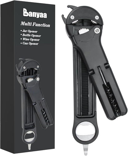7 in 1 Jar Opener Bottle Opener and Wine Opener for Seniors with Arthritis, Weak Hands, Multi Retractable Magnetic Can Opener, Original Kitchen Lid Opener Tool (Black)