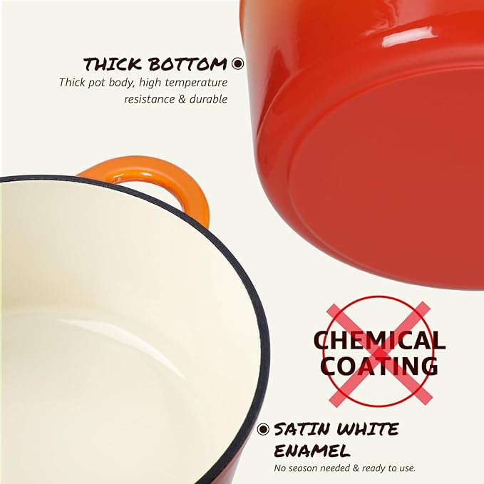 Overmont Enameled Cast Iron Dutch Oven - 7QT Pot with Lid Cookbook & Cotton Potholders - Heavy-Duty Cookware for Braising, Stews, Roasting, Sourdough Baking orange - Image 8